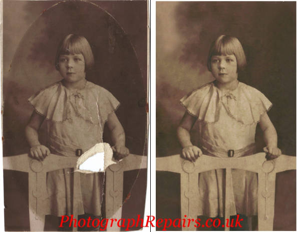 Shows a hole repaired in an old photograph.